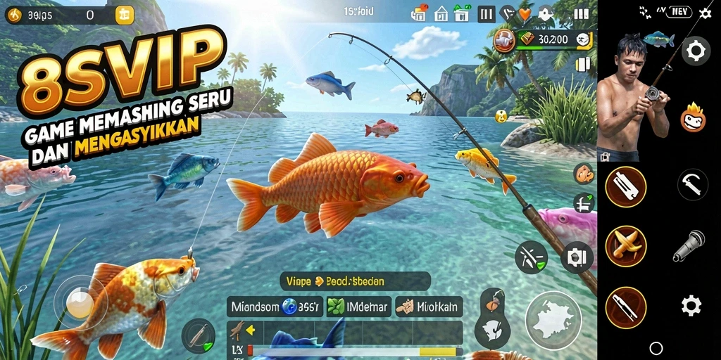 Tampilan gameplay 8SVIP saat memancing di danau yang indah.