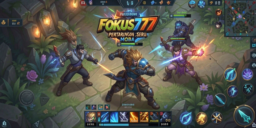 Screenshot FOKUS777 menampilkan aksi pertempuran karakter dalam arena MOBA.