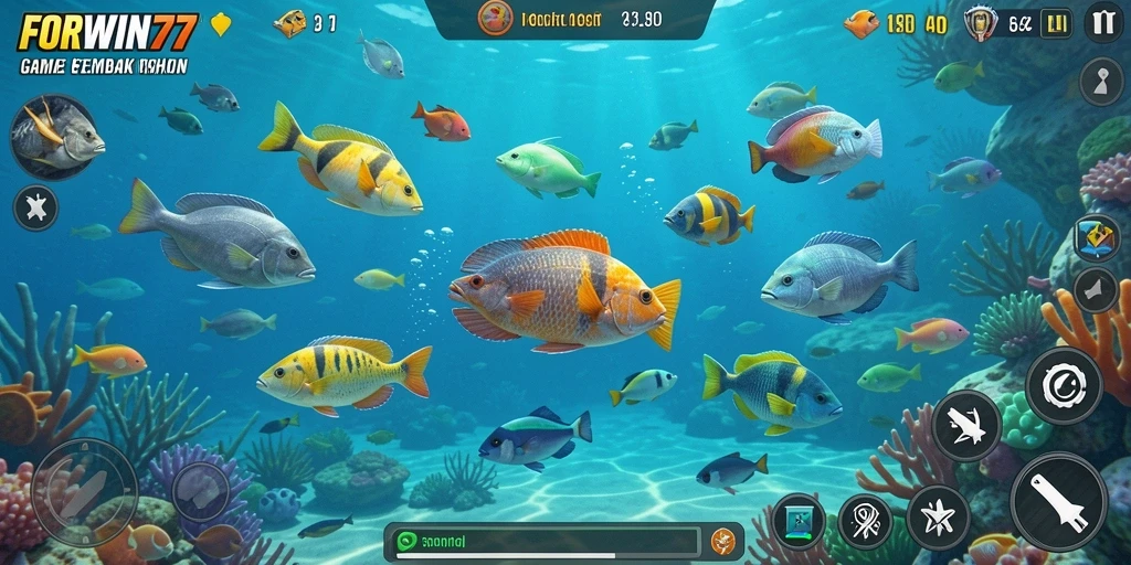 Screenshot gameplay FORWIN77 yang menampilkan serunya menembak ikan.