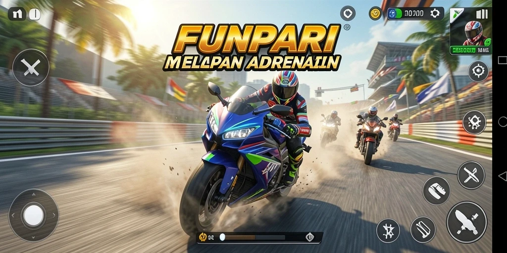 Tangkapan layar permainan FUNPARI yang menampilkan balapan motor yang seru.