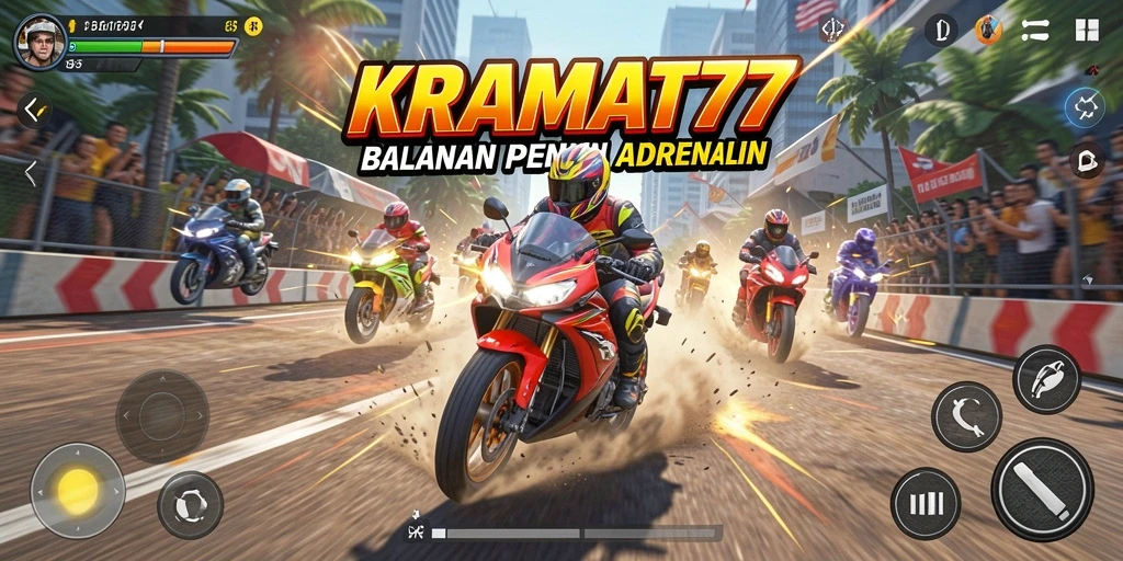 Tampilan gameplay KRAMAT77 yang mendebarkan saat balapan motor.