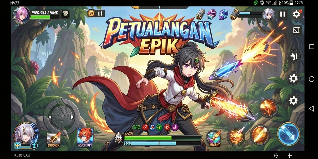 Tampilan gameplay NV77 dengan karakter anime yang beraksi.