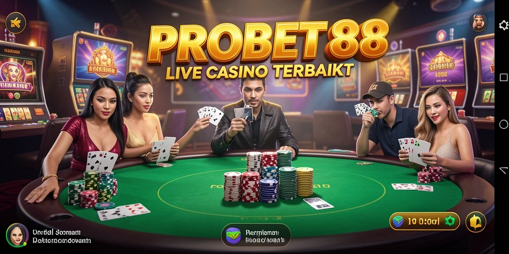 Screenshot gameplay PROBET88 yang menampilkan dealer profesional dan suasana Live Casino.
