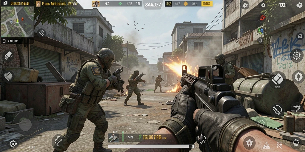 Screenshot menampilkan aksi tembak-menembak intens dalam gameplay SAND77.