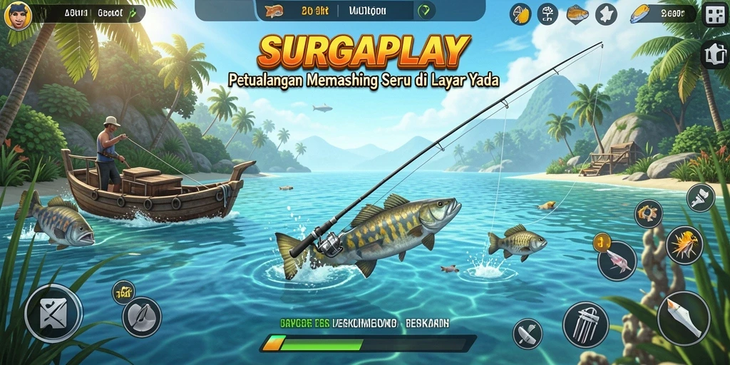 Tampilan gameplay <strong>SURGAPLAY</strong> yang realistis saat memancing di laut.
