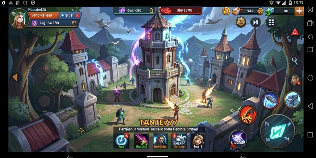 Tampilan gameplay TANTE777 dengan menara pertahanan yang siap melawan gelombang musuh.