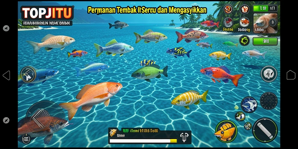 Screenshot gameplay TOPJITU yang menunjukkan aksi tembak ikan yang seru.