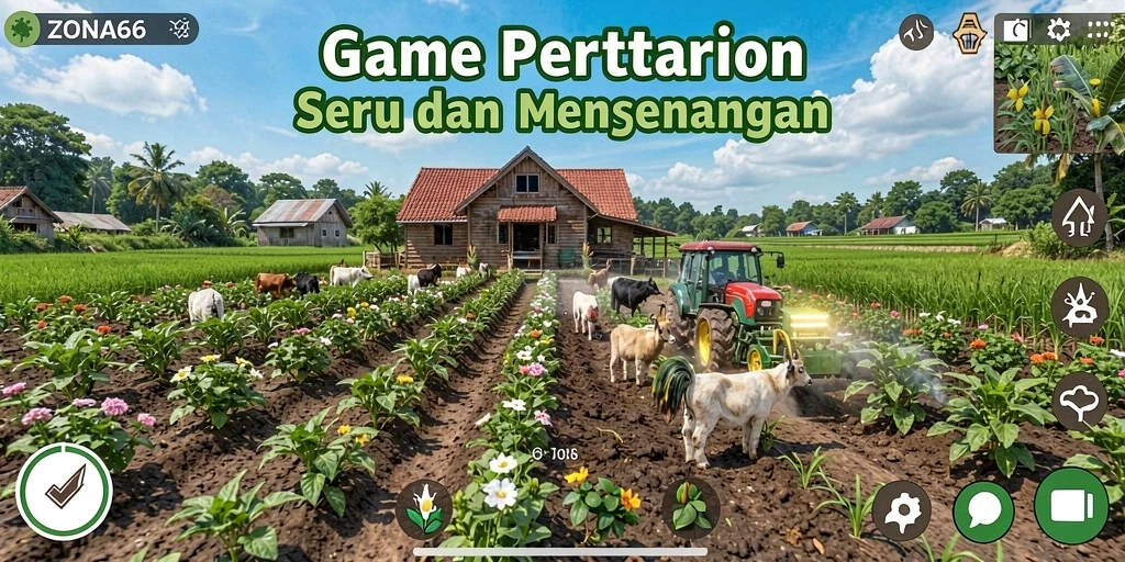 Tampilan gameplay ZONA66 dengan aktivitas bertani yang menarik.